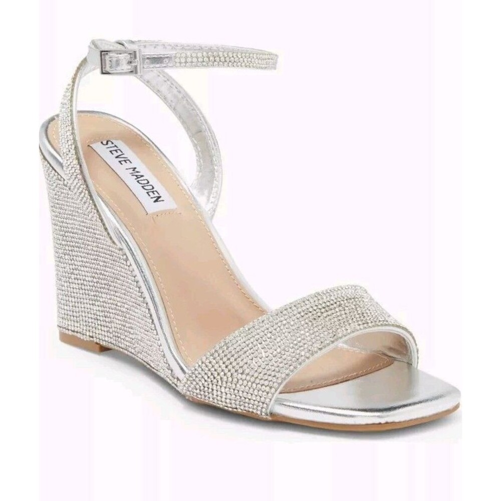 8M Steve Madden Womens Sophey Metallic Rhinestone Wedge Sandals Shoes